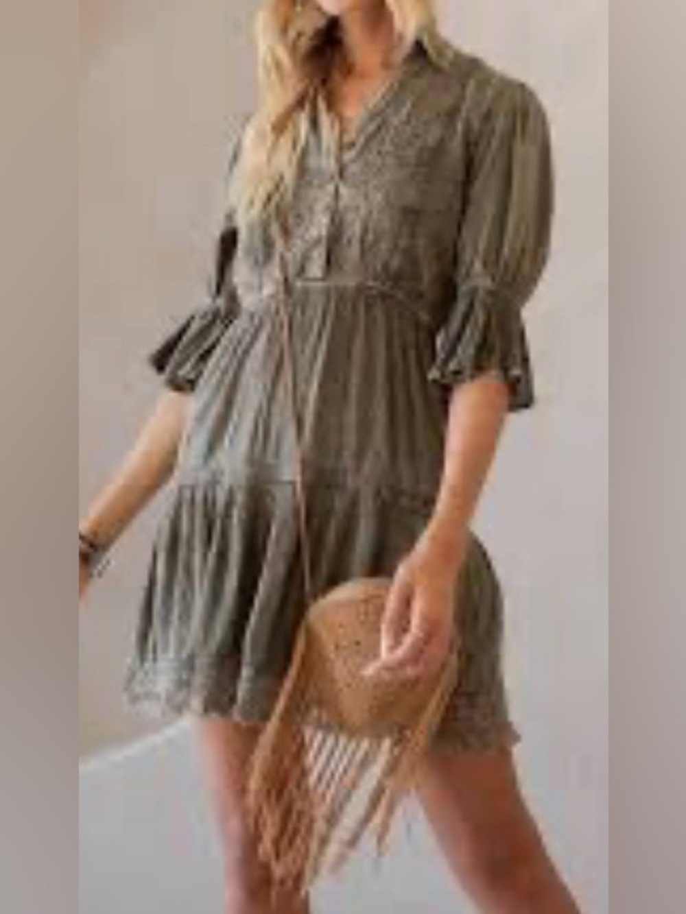 Young Threads Olive 3/4 Sleeve Embroidered Dress, Size Medium. New With Tags. - Picture 2 of 16